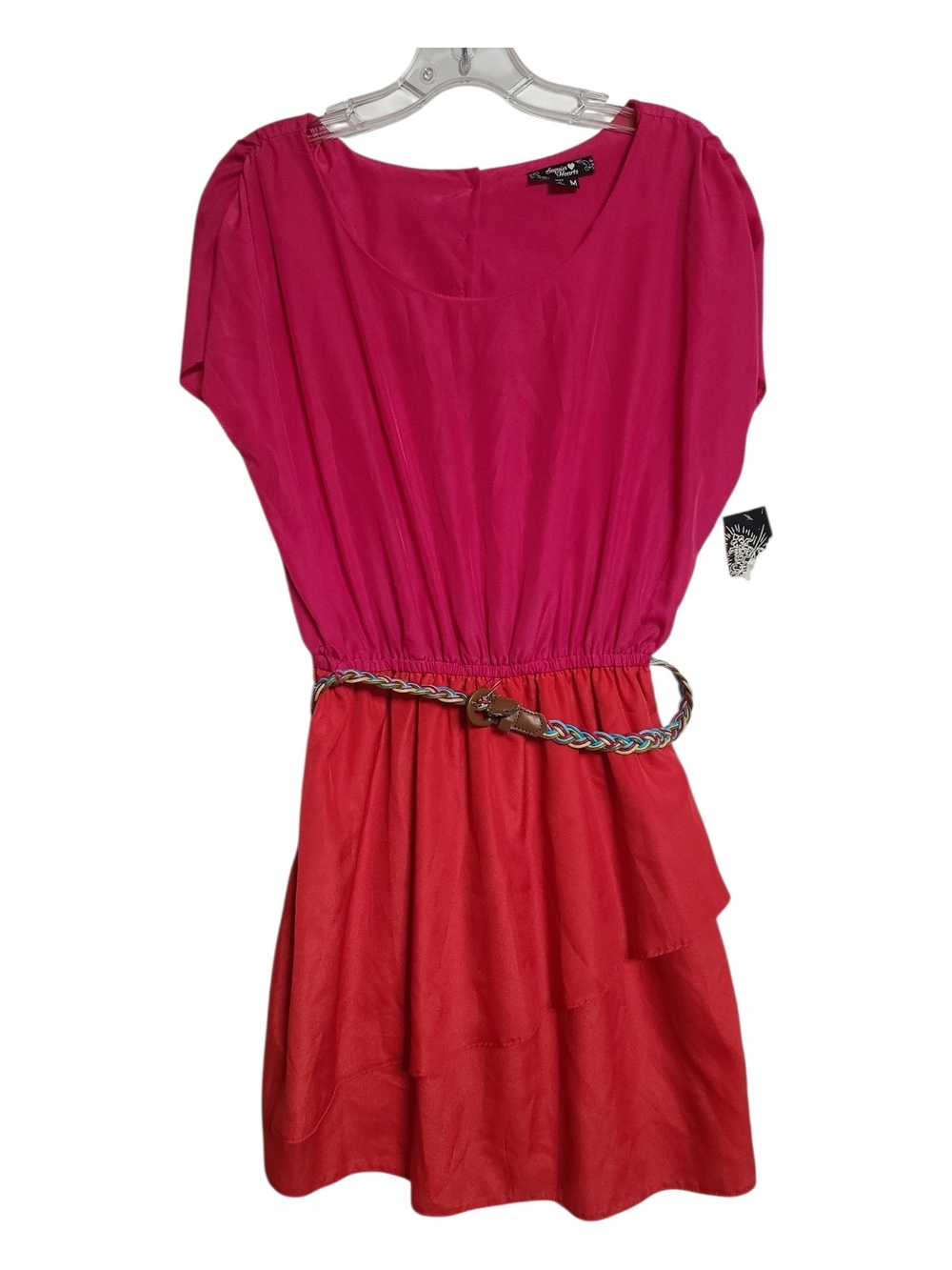 Sequin Hearts Colorblock Mini Dress Pink Red Braided Belt M